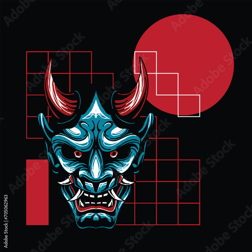 Illustration of hannya mask  from japanese  with geometry background drawing vector fit for clothing (ID: 705062963)