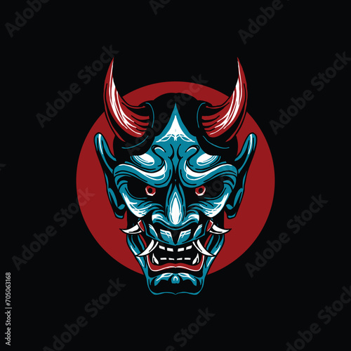 Illustration of hannya mask  from japanese  with geometry background drawing vector fit for clothing (ID: 705063168)