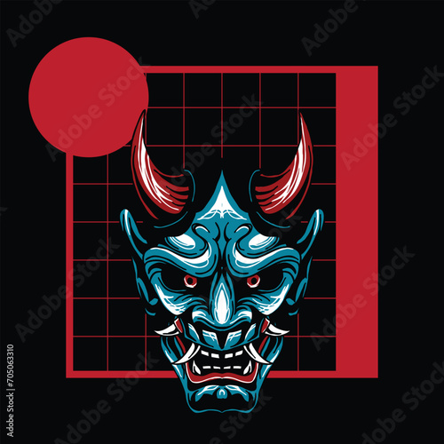 Illustration of hannya mask  from japanese  with geometry background drawing vector fit for clothing (ID: 705063310)