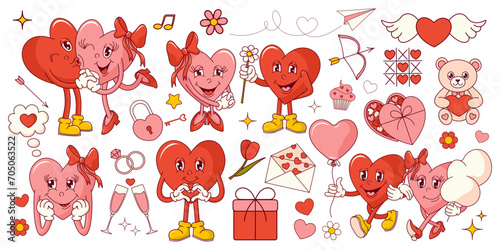 Groovy hearts couple character stickers set. Valentine's day. Retro vector illustration for poster, postcard, banner. 