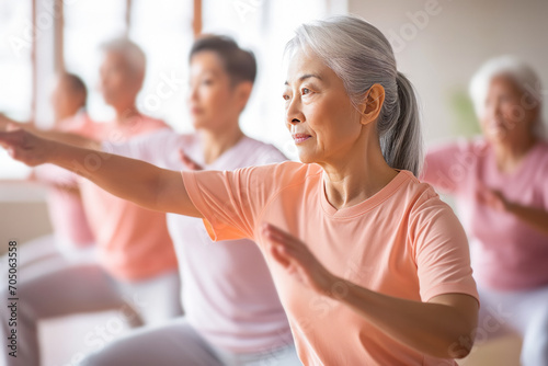 An active group of elderly people from different backgrounds participating in an indoor yoga class to improve their physical condition, mental health, and delay aging. photo