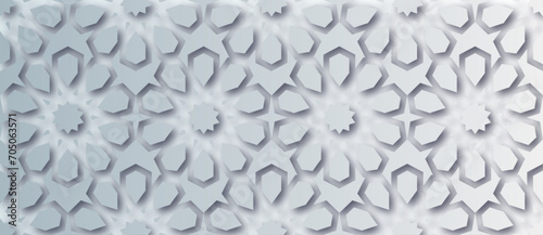 Islamic Ornament Vector. White soft grey blue background. Light shadow 3d ramadan eid arabic geometric pattern elements motif.