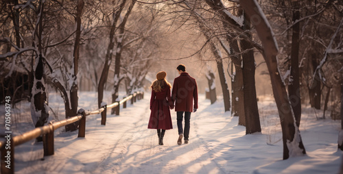 a romantic walk of a couple in love in a winter, couple walking in the snow, couple walking in winter park