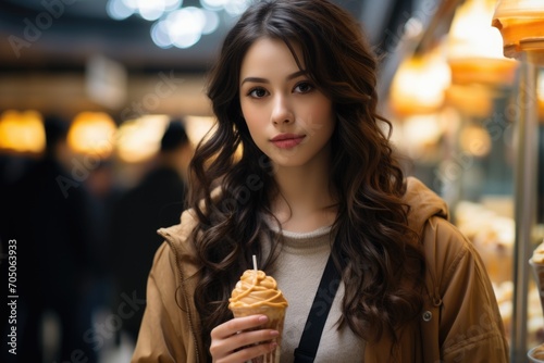 Caramel ice cream on a day of shopping in the city, with elegant shops and style, a sweetness of luxury., generative IA