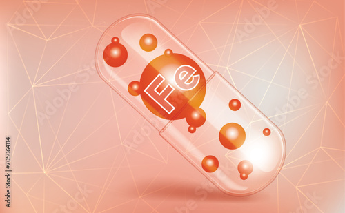 Minerals Ferrum, Fe, vitamin inside a translucent capsule, trace element, on a brown gradient geometric background, a pattern of triangles, lines and dots. Medical information poster.