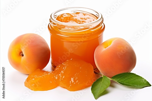 Apricot jam in glass jar on white background with text space for branding and design.
