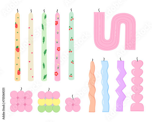 big candle set. Wax and paraffin aroma candles set. Trendy decor for home interior. Spa, aromatherapy, relaxation. Vector Illustration for backgrounds and packaging. Isolated on white background.