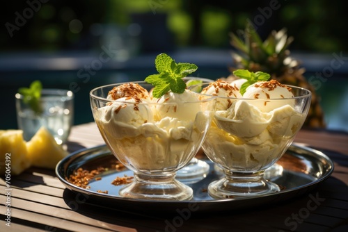 Mango ice cream in a mountain cabin, with panoramic views and tranquility, a sweetness in the heights., generative IA