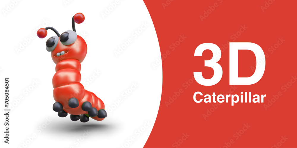 Red 3D caterpillar, bottom view. Funny character with bulging eyes