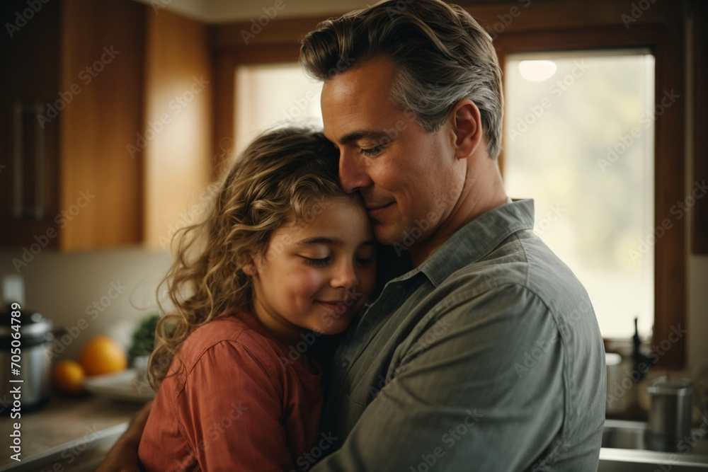 A middle age father is hugging his daughter in the kitchen. Generative AI. A middle age father is hugging his daughter in the kitchen. Generative AI.