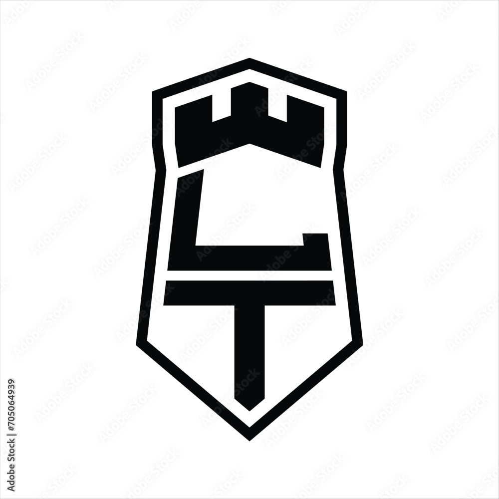 LT Letter Logo monogram hexagon shield shape up and down with crown castle isolated style design