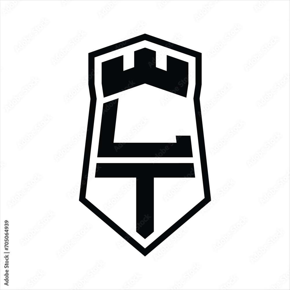 LT Letter Logo monogram hexagon shield shape up and down with crown castle isolated style design LT Letter Logo monogram hexagon shield shape up and down with crown castle isolated style design