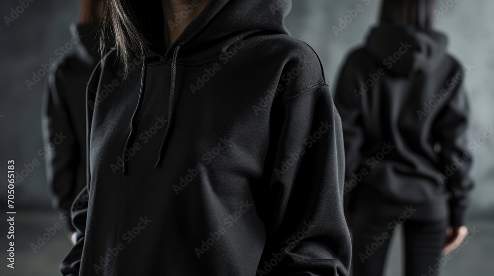 A woman wearing a black hoodie stands in front of a mirror. This image can be used to depict self-reflection or personal style