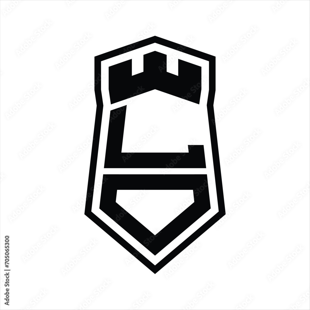 LD Letter Logo monogram hexagon shield shape up and down with crown castle isolated style design LD Letter Logo monogram hexagon shield shape up and down with crown castle isolated style design
