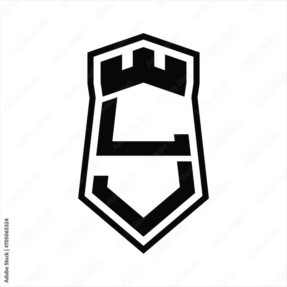 LJ Letter Logo monogram hexagon shield shape up and down with crown castle isolated style design LJ Letter Logo monogram hexagon shield shape up and down with crown castle isolated style design