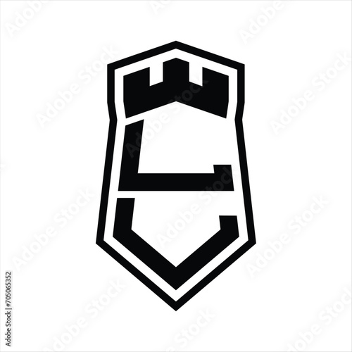 LL Letter Logo monogram hexagon shield shape up and down with crown castle isolated style design