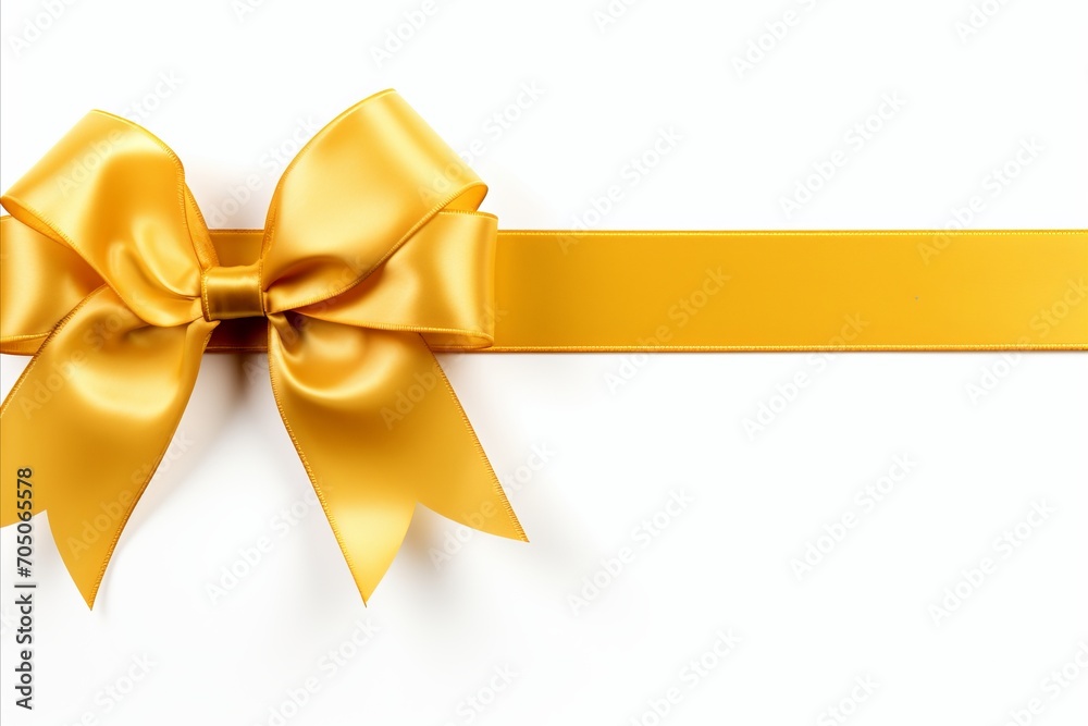 Golden ribbon bow with long straight ribbon for banner, isolated on white background with copy space Golden ribbon bow with long straight ribbon for banner, isolated on white background with copy space