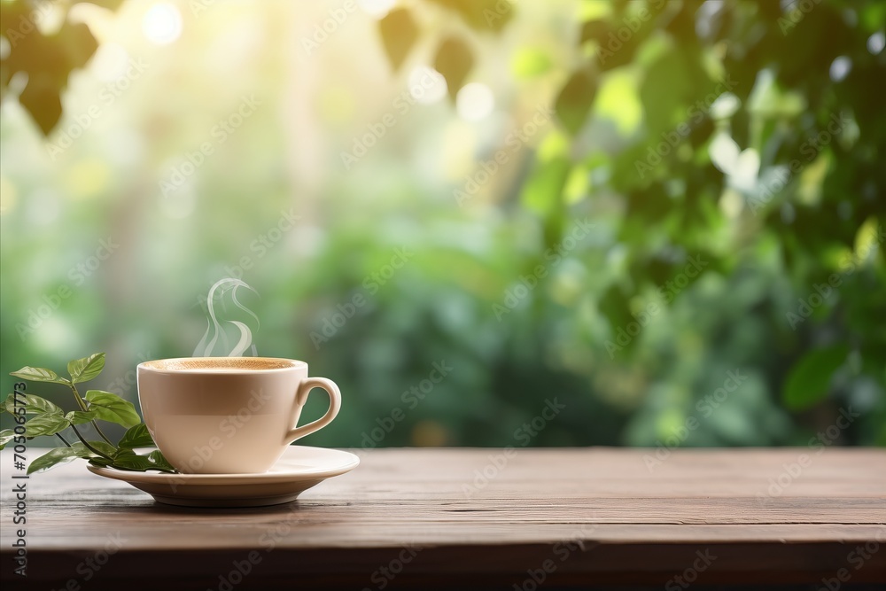 Steaming cup of freshly brewed coffee on table with blurred background and copy space for text Steaming cup of freshly brewed coffee on table with blurred background and copy space for text
