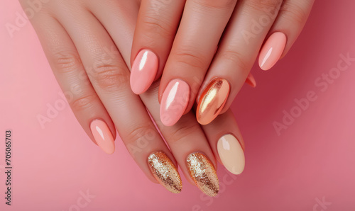 chic pink manicure with golden glitter on nails against pink background photo