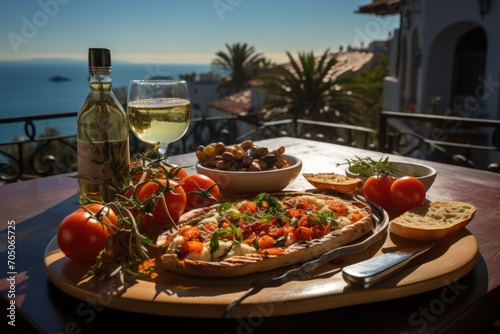 Antipasto on a terrace overlooking the sea in Capri  with spectacular sun.  generative IA