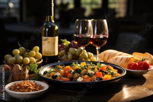 Antipasto in a wine tasting in a winery of Sicily, with Palmeiras in sight., generative IA photo