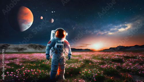 Astronaut walking on a planet of forever spring