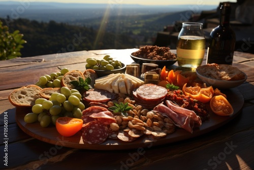 Antipasto in a wine tasting in a winery in the umbria, with panoramic views., generative IA