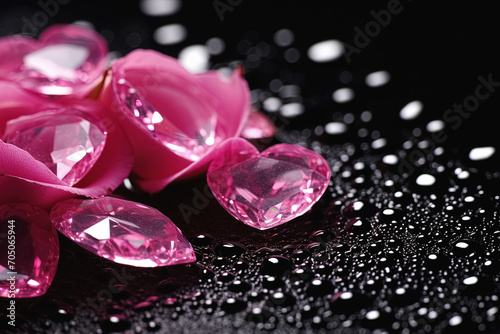 Beautiful pink hearts on a black background with drops of water. Generative Ai