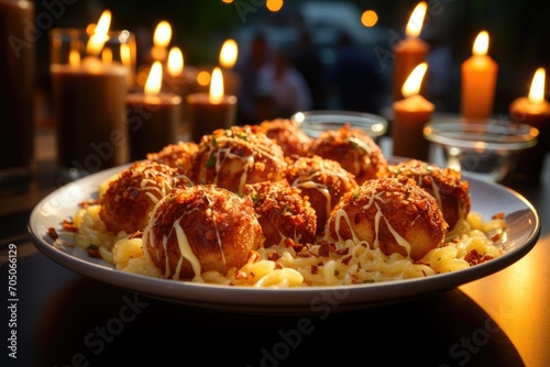 Arancini at an Italian food festival in Florence, with sparkling lights and live music., generative IA photo