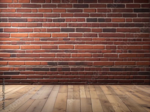 Wooden table with brick wall background 