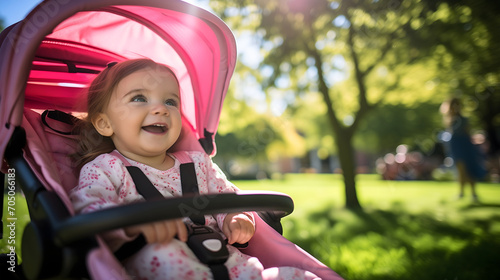 Cute toddler newborn, female girl child or kid smiling in the stroller baby carriage, in sunny nature park in a pram pushchair outdoors. Summer or spring season, infant in pink perambulator photo