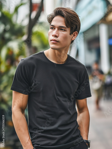 A young man fashion style wearing empty black t-shirt mockup on outside background.