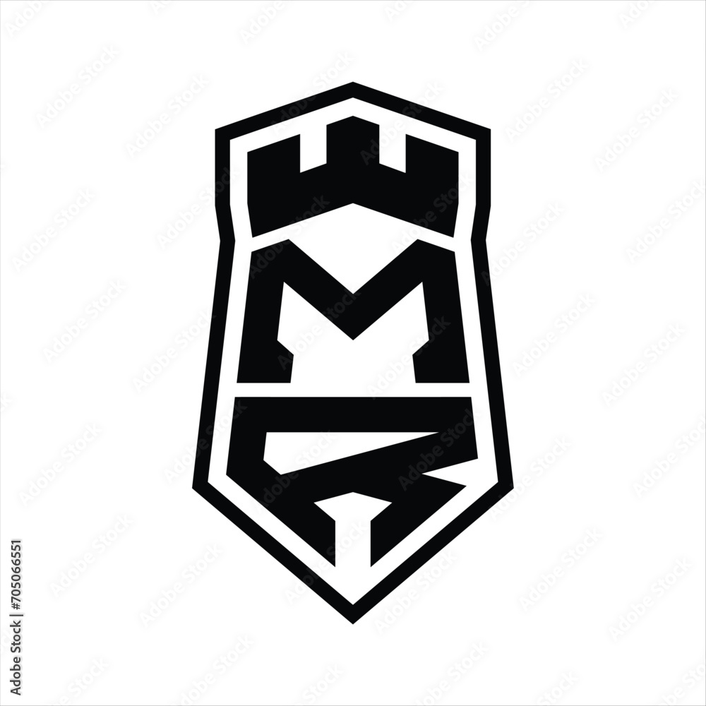 MR Letter Logo monogram hexagon shield shape up and down with crown castle isolated style design MR Letter Logo monogram hexagon shield shape up and down with crown castle isolated style design