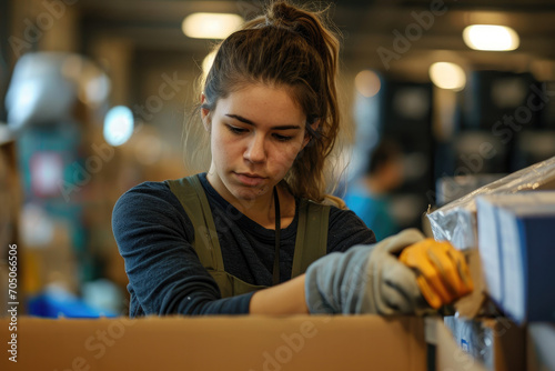 Canvastavla Portrait of a female volunteer preparing packages for people in need