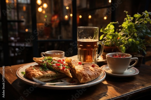 Calzone in a cozy coffee in Bologna, with the aroma of fresh herbs in the air., generative IA
