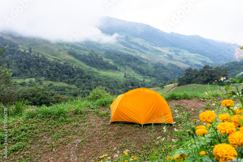 yellow tent near mountains in the forest