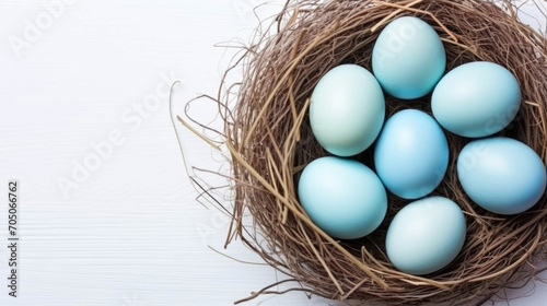 A natural bird's nest with colorful Easter eggs nestled among greenery on a blue background.