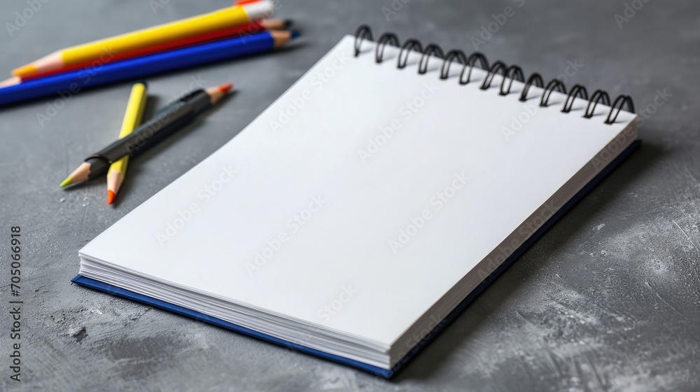 Blank notepad on gray desktop. Education, text, copy space concept Blank notepad on gray desktop. Education, text, copy space concept