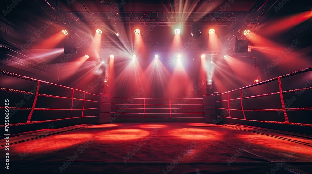 boxing ring with illumination by spotlights - obrazy, fototapety, plakaty 