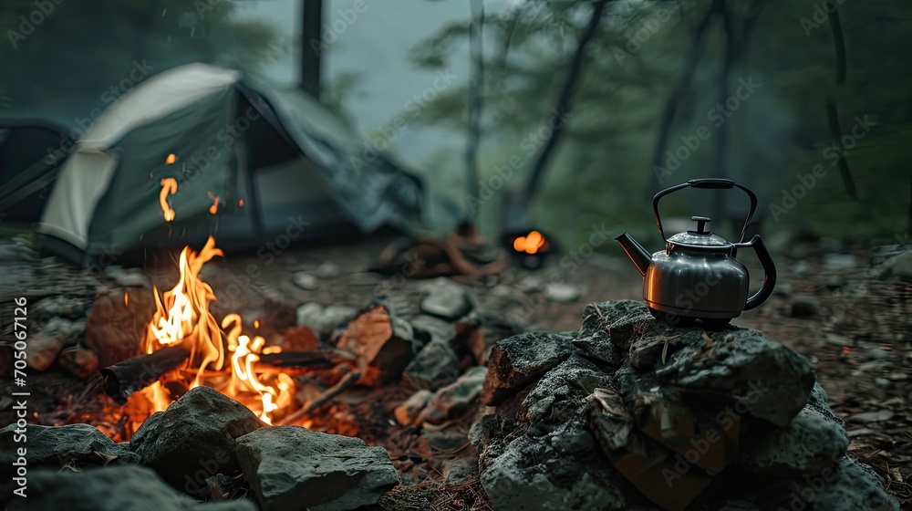 Camp fire and tea pot are foreground and focused, there is a tent in the background and defocused Camp fire and tea pot are foreground and focused, there is a tent in the background and defocused
