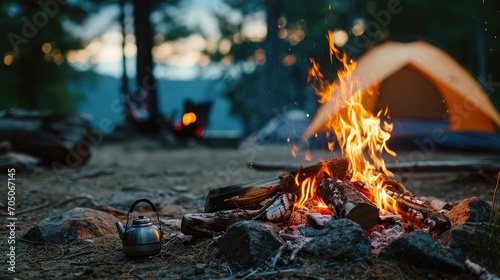 Camp fire and tea pot are foreground and focused, there is a tent in the background and defocused 