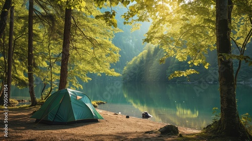 Camping green tent in forest near lake  #705067154