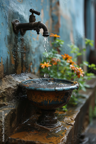 Uma pia de pedra cheia de agua com uma torneira aberta a enchendo em um fundo de quintal photo