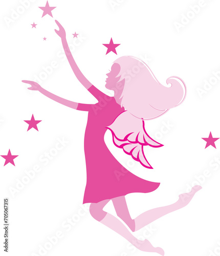 Happy girl flying on colorful wings in blue sky with clouds vector illustration. Cartoon cute free teen character