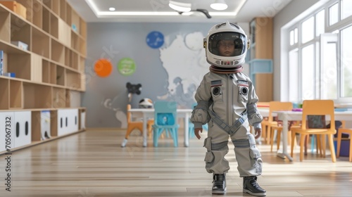 A child in an astronaut costume stands in a classroom with educational decorations and children's furniture in the background