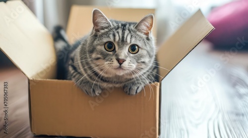 Cute grey tabby cat in cardboard box on floor at home 