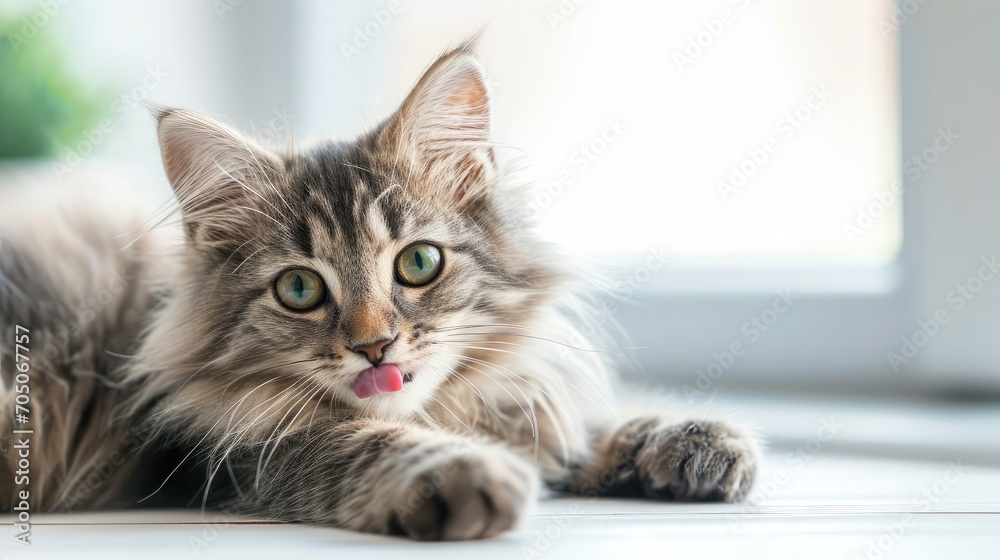 Funny large longhair gray kitten with beautiful big green eyes lying on white table. Lovely fluffy cat licking lips. Free space for text 