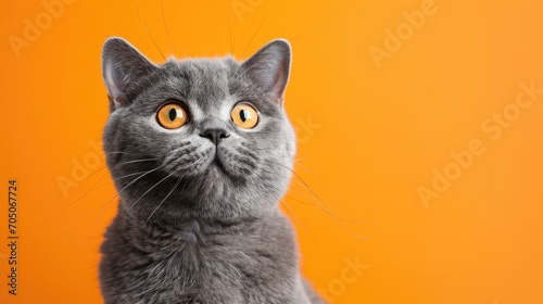 funny british shorthair cat portrait looking shocked or surprised on orange background with copy space © buraratn