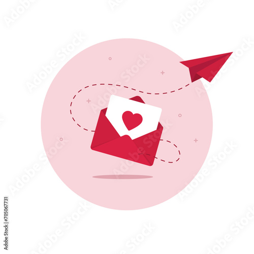 Love letter in an envelope icon. Valentines day mail symbol. Letter with small heart and paper plane. Vector.