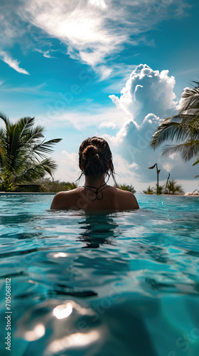 Back of a Woman in a Swimming Pool, Capturing a Moment of Serenity and Relaxation Amidst the Water's Reflections